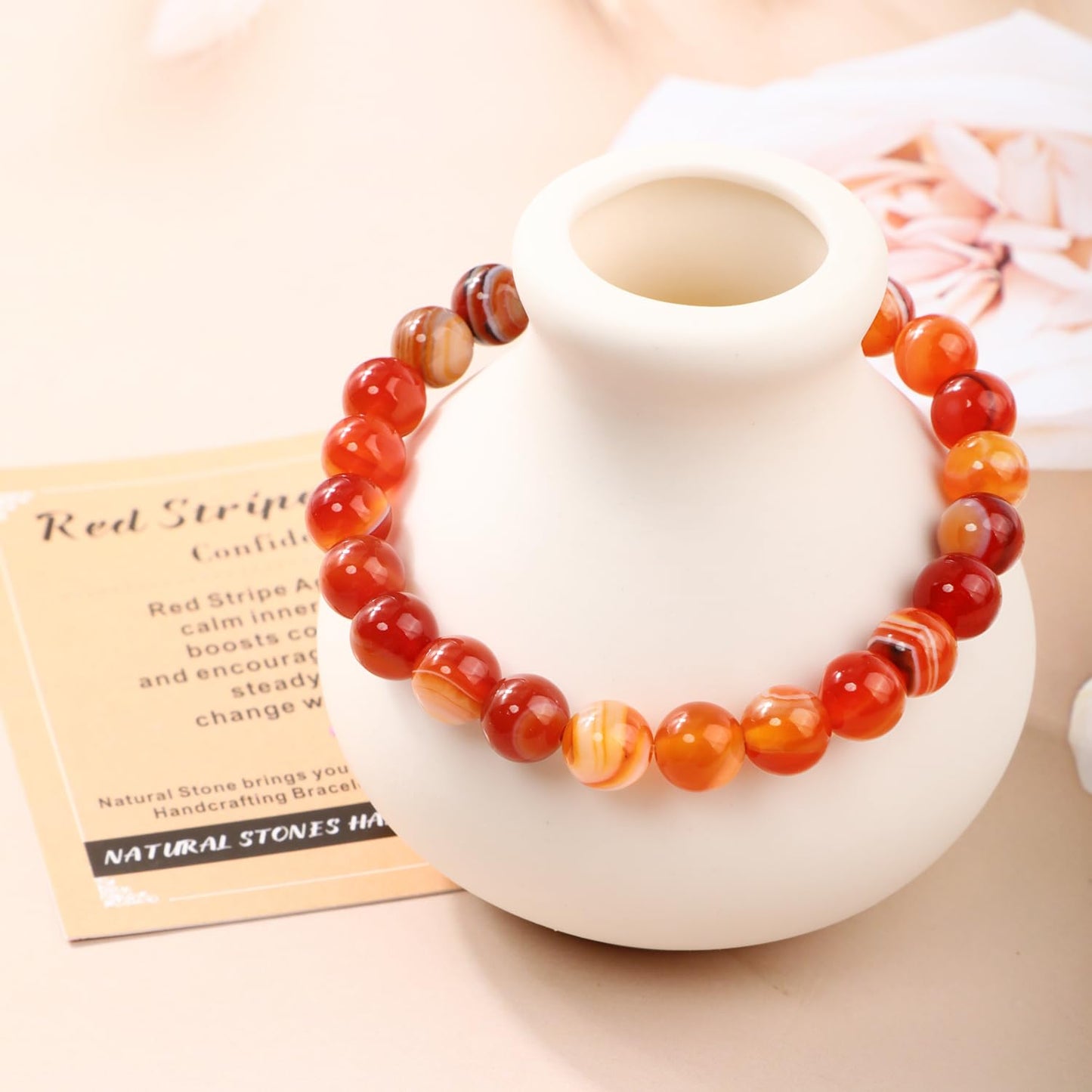 AD Beads 8mm Handmade Red Stripe Agate Elastic Bracelet – Natural Gemstone for Confidence – Meditation, Yoga, Healing and Energy Gift for Men Women