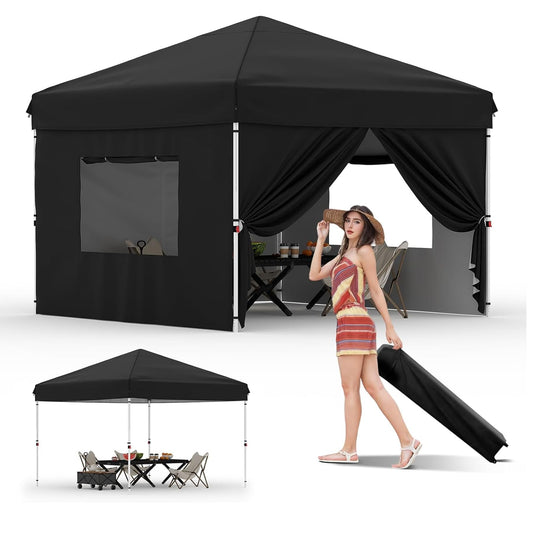 10X10 Pop Up Canopy Tent with 4 Sidewalls, Heavy Duty Commercial Instant Shelter, One-Person Quick Setup Outdoor Party Tent, Water-Resistant & Portable for Outdoor Events, Camping, Black
