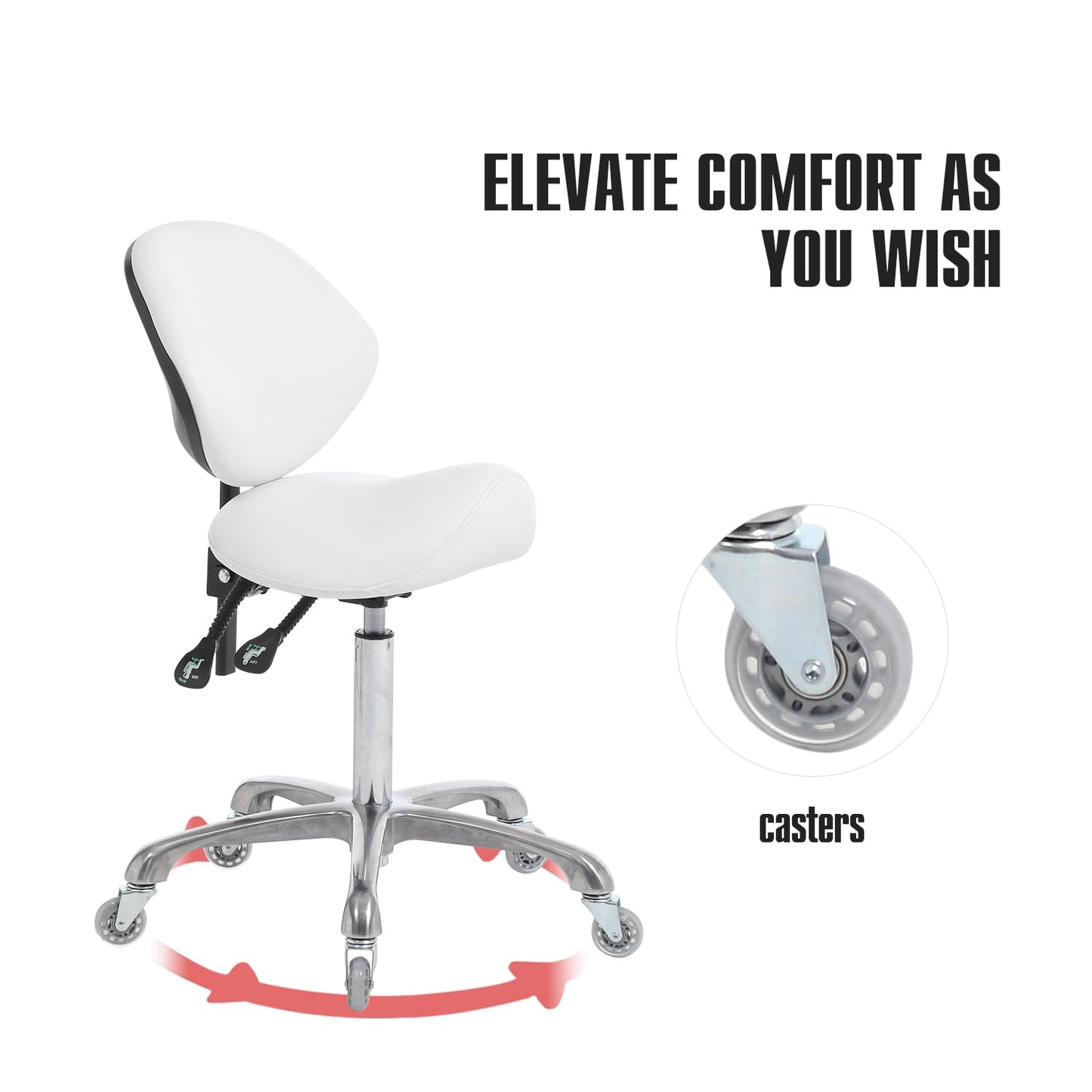 FRNIAMC Hydraulic Saddle Rolling Adjustable, Heavy-Duty (350 lbs) Stool Chair for Beauty Salon Massage Dental Clinic Home Office Use(White, Updated to Soft Wheels)