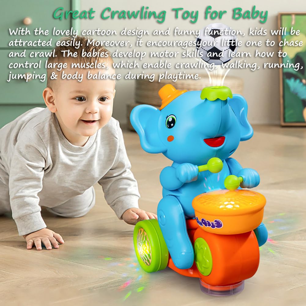 Miracland Drumming Elephant Car Toy, Multifunctional Musical Toy with Blow Floating Ball and Tricycle, Lights and Music, 2 Foam Balls (Blue)