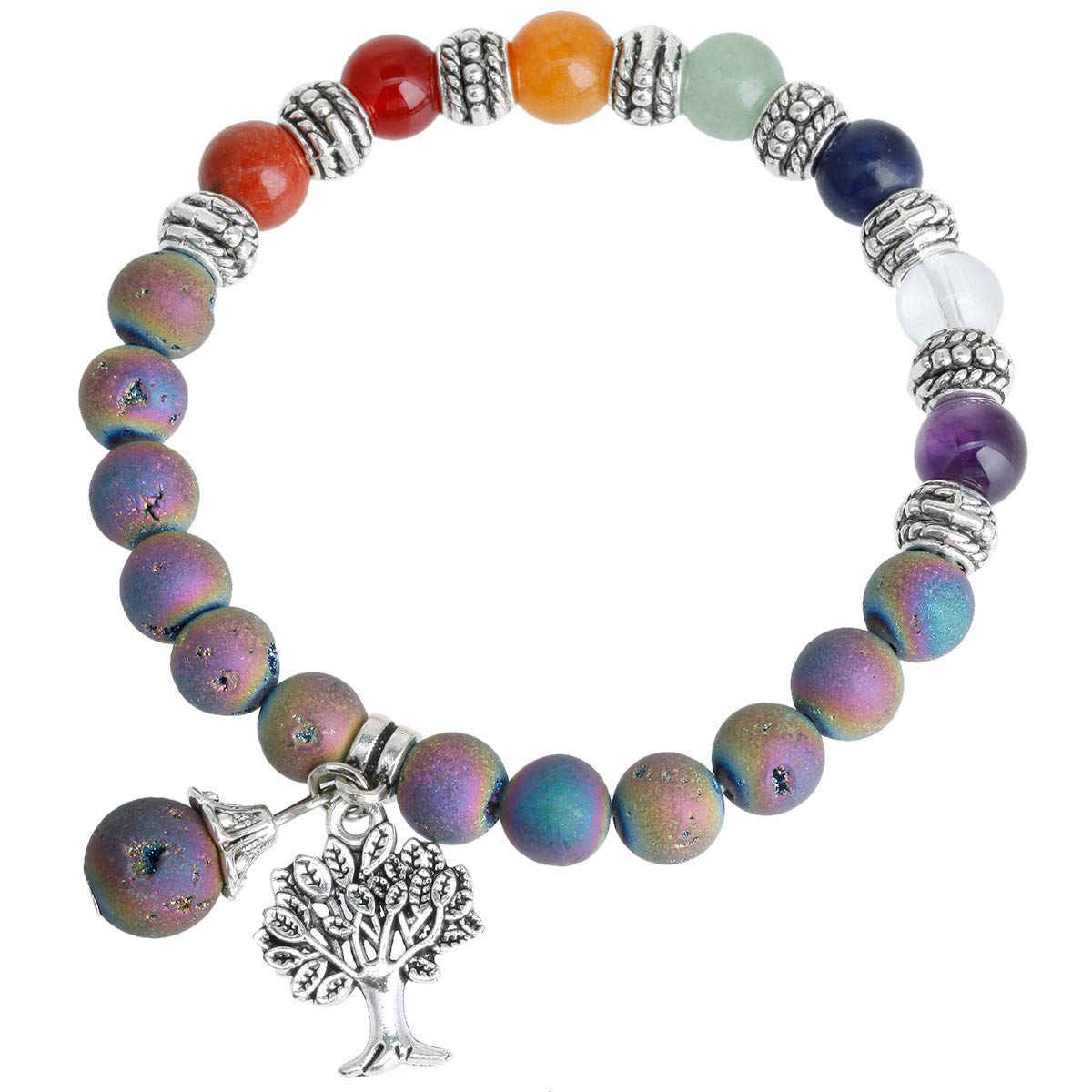 TUMBEELLUWA Beaded Bracelets Semi Precious Stone Yoga Beads Crystals Tree Charm Chakra Bracelet Handmade Jewelry for Women,Rainbow Titanium Coated Druzy(7 Chakra)