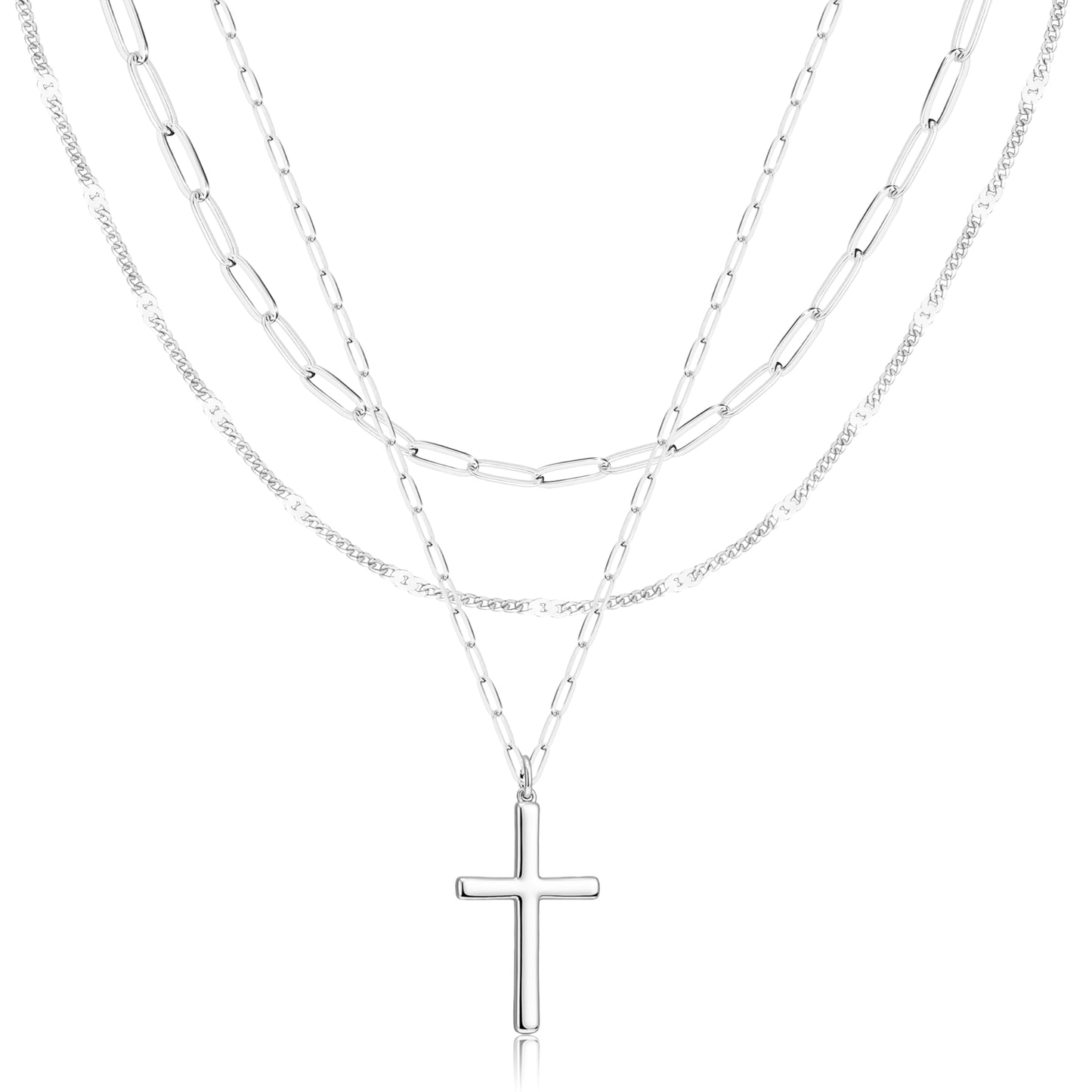 Layered Silver Cross Necklaces for Women, Silver Plated Dainty Stackable Choker Paperclip Necklaces for Women,Trendy Layering Cross Pendant Thin Dot Chain Necklace Set Jewelry Gifts for Women