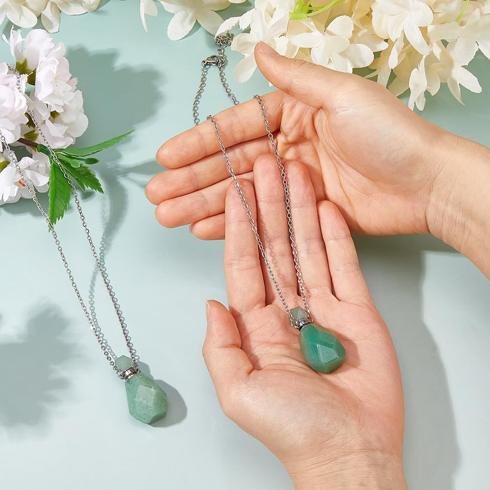 SUPERFINDINGS 2Pcs Perfume Bottle Necklace Essential Oil Diffuser Necklace Natural Green Aventurine Perfume Bottle Pendant with 304 Stainless Steel Chain Gemstone Vial Pendant for Woman Men