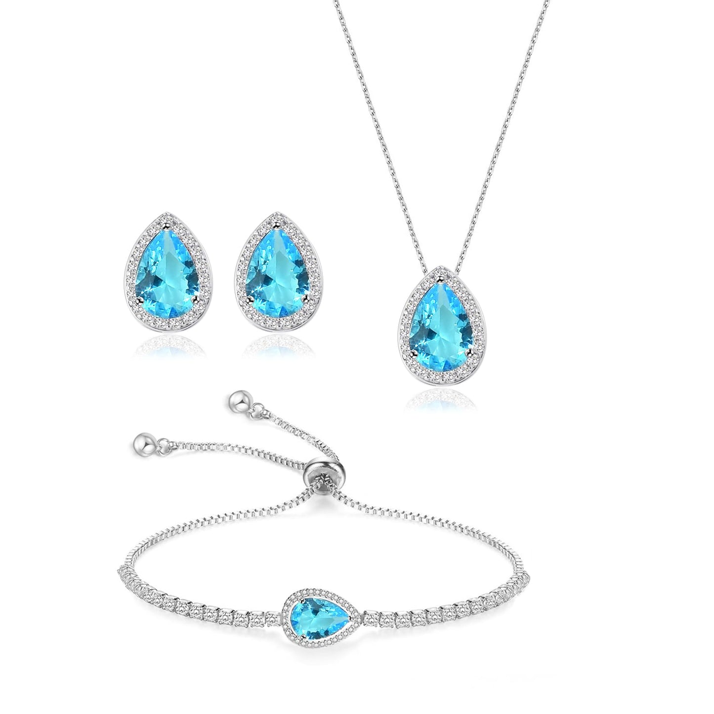 UDYLGOON Teardrop CZ Bridal Jewelry Set Imitation Diamond Earrings Necklace Bracelet for Bride Bridesmaids Wedding Prom Party (Drop-Sky Blue)