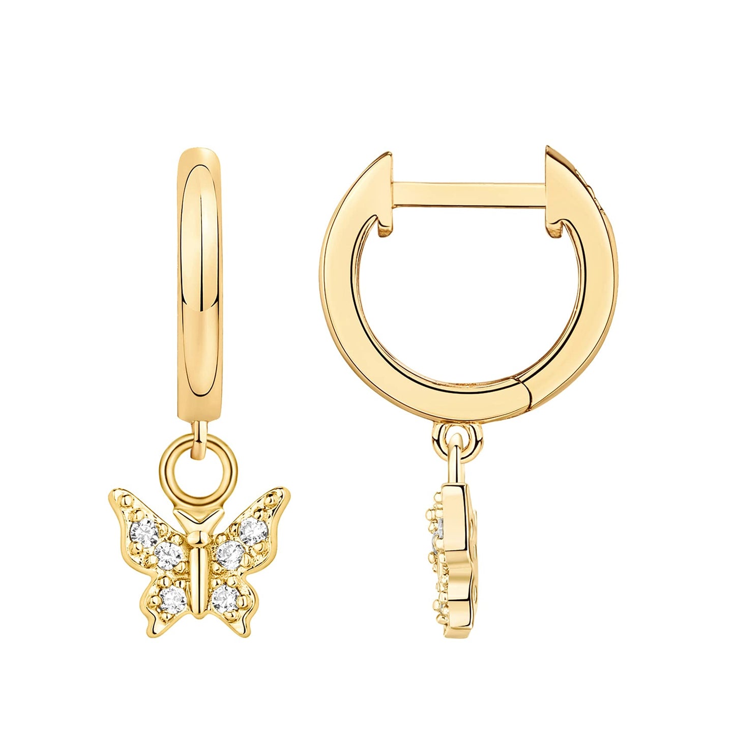 PAVOI 14K Yellow Gold Plated 925 Sterling Silver Post Huggie With Dangle | Small Gold Trendy Hinged Hoop Earrings For Women | CZ Huggie Earrings (Butterfly)
