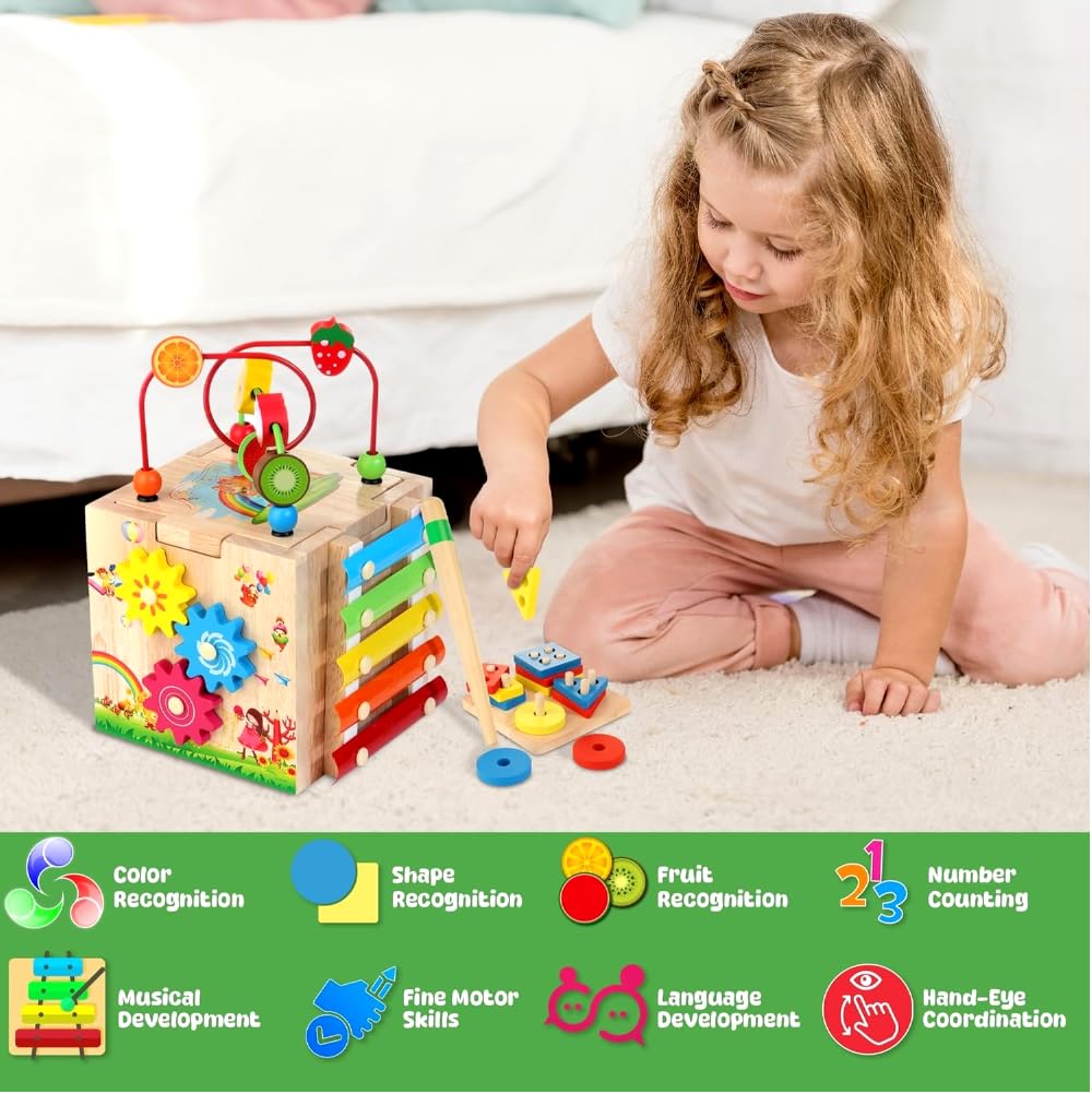 Batlofty Wooden Activity Cube, 8-in-1 Montessori Toys for 1 2 Year Old Girl Boy Toddler| Sensory Educational Learning Toys 12-18 Months | 1st Birthday Gifts, Bead Maze | Bonus Sorting & Stacking Board