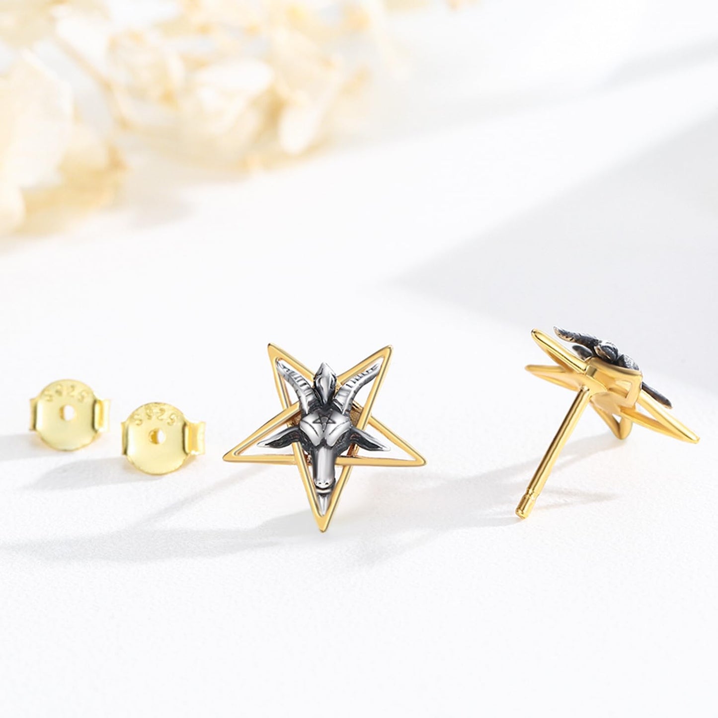 Sigil of Baphomet Earrings,Inverted Pentagram Baphomet Goat Earrings 925 Sterling Silver Satanic for Men Women Goat Stud Christmas Birthday Jewelry