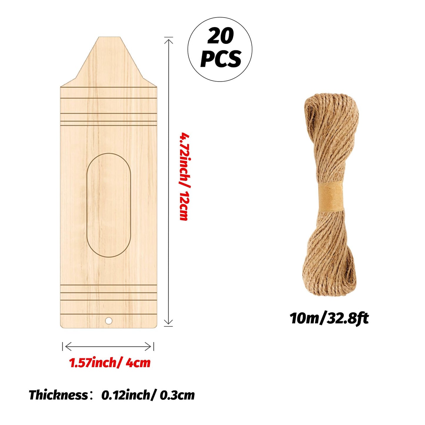 Whaline 20 Pcs Back to School Wooden Crayon Cutouts Blank Crayon Hanging Ornaments with Hemp Rope for First Day of School Classroom Party Decoration DIY Crafts Supplies