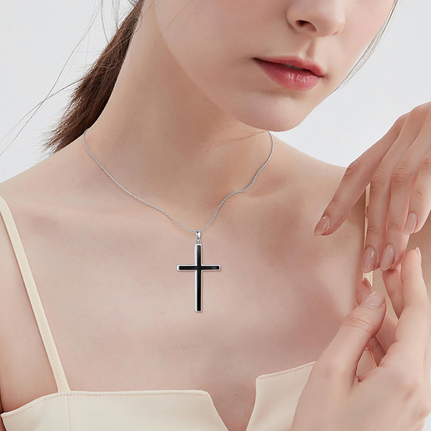 YFN I Can Do All Things Cross Necklace Sterling Silver Black Onyx Cross Pendant Thin Cross Jewelry Gifts for Women Men