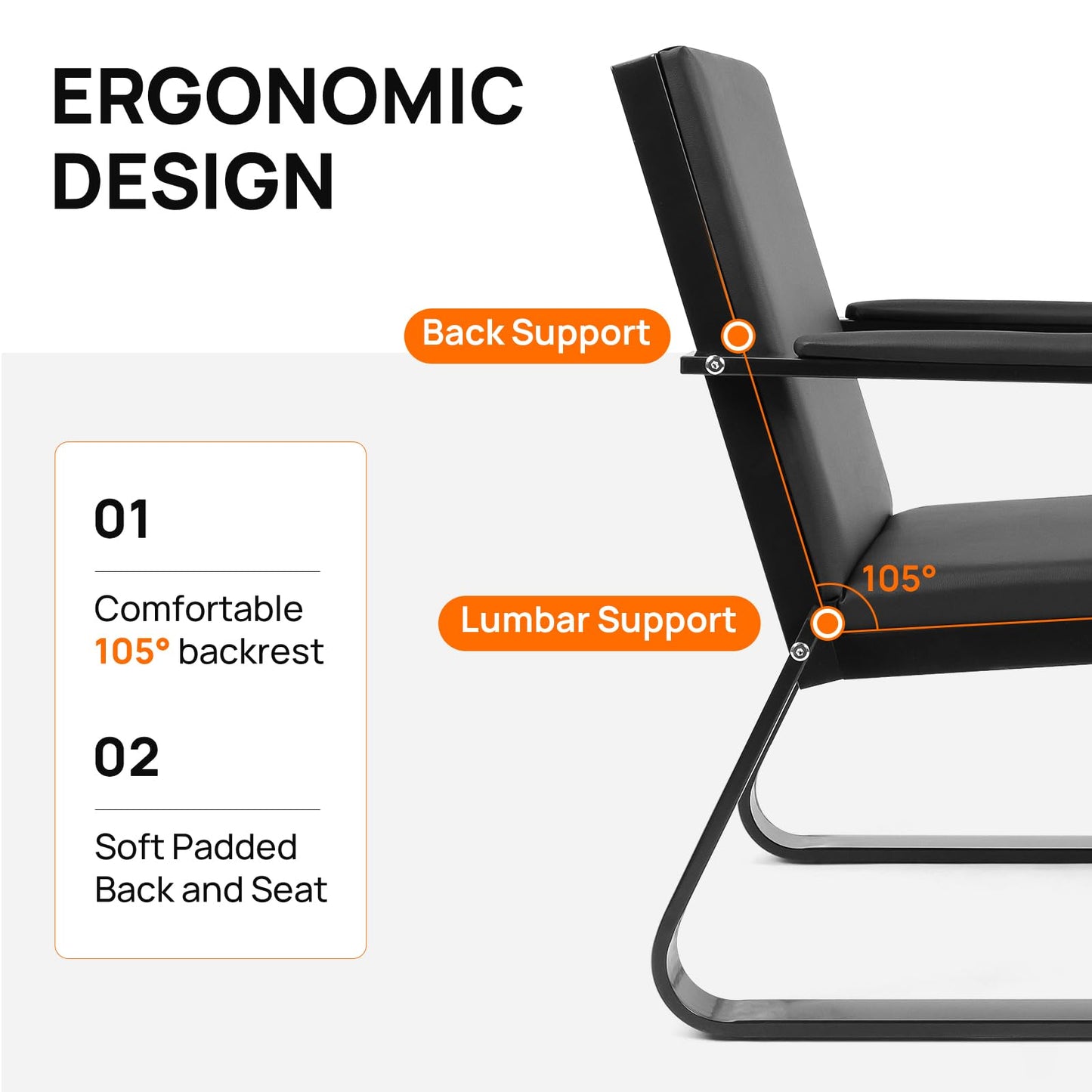 walnest Guest Reception Chair with Padded Arms, PU Leather, Heavy Duty 330 Lb Capacity, Black (Black, Double seat)