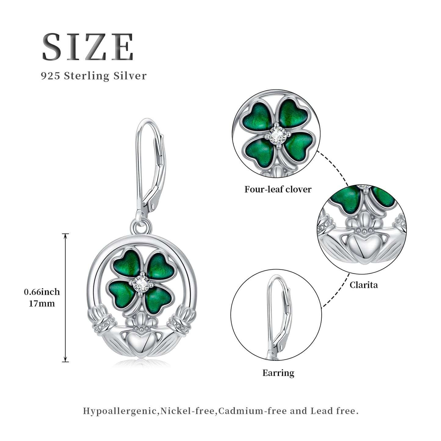 YYmqmq Four Leaf Clover Earrings for Women 925 Sterling Sliver Shamrock and Claddagh Dangle Earrings Leverback Irish Jewelry St Patricks Day Gifts for Women Girlfriend