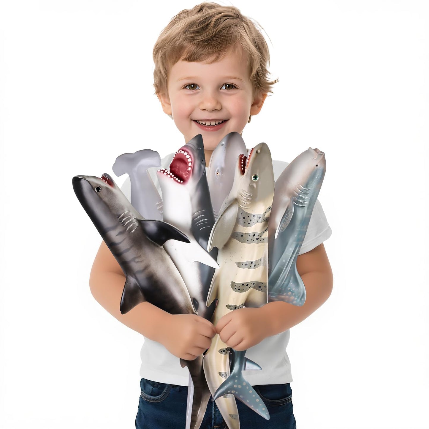 6 Pack Large Size Shark Toys(15-16 Inch) with Educational Booklet, Soft Plastic Figurines, Party Decoration, Under The Sea Creature Toy, Ocean Animal Figure for Kid Boy Girl Toddler, Cake Toppers