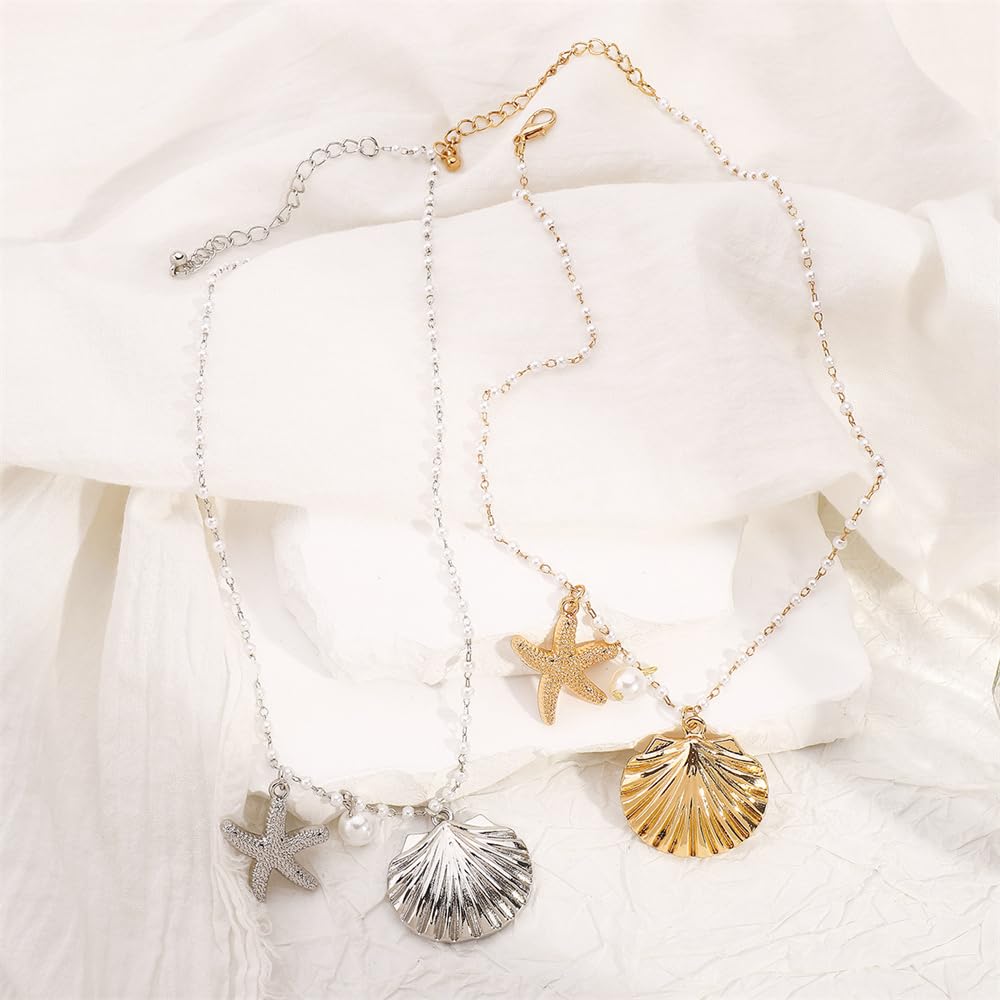 Dainty Gold Starfish Beach Pendant Necklace for Women Cute Charms Shell Pearl Ball Chain Choker Necklaces Adjustable Ocean Sea Summer Accessories Y2K Holiday Party Jewelry 20" (Silver)
