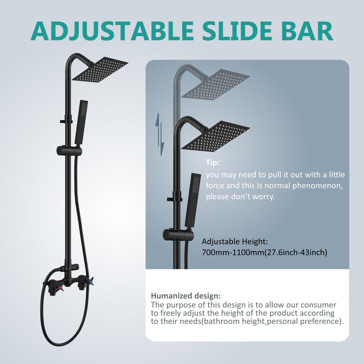 Aolemi Wall Mount Outdoor Shower Kit,Outdoor Shower Fixtures Faucet System with Handheld Spray,Double Handle 6 Inch Center Exposed Shower,with 6" Shower Head Matte Black
