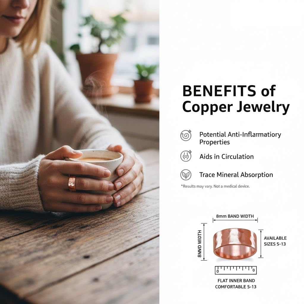 JewelryWeb 8mm Solid Copper Hammered Ring Size 6 Band Style-Ring for Women
