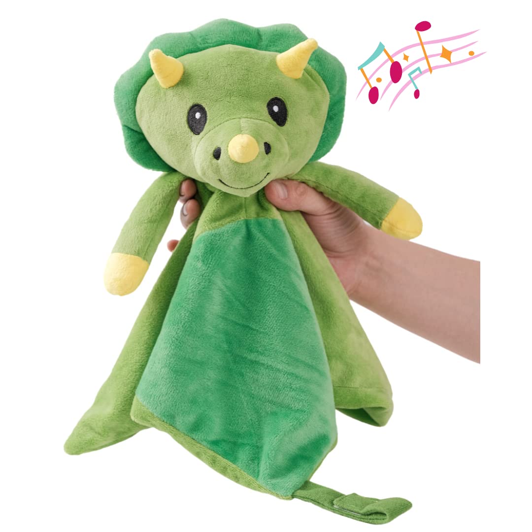 Love By Emi 4 in 1 Baby Lullaby Sleep Soother Toy - Stuffed Animal Sound Machine & Pacifier Holder | Heartbeat White Noise & Music | Plush Green Dinosaur Lovey Sleep Aid Security Blanket (0-3 Years)