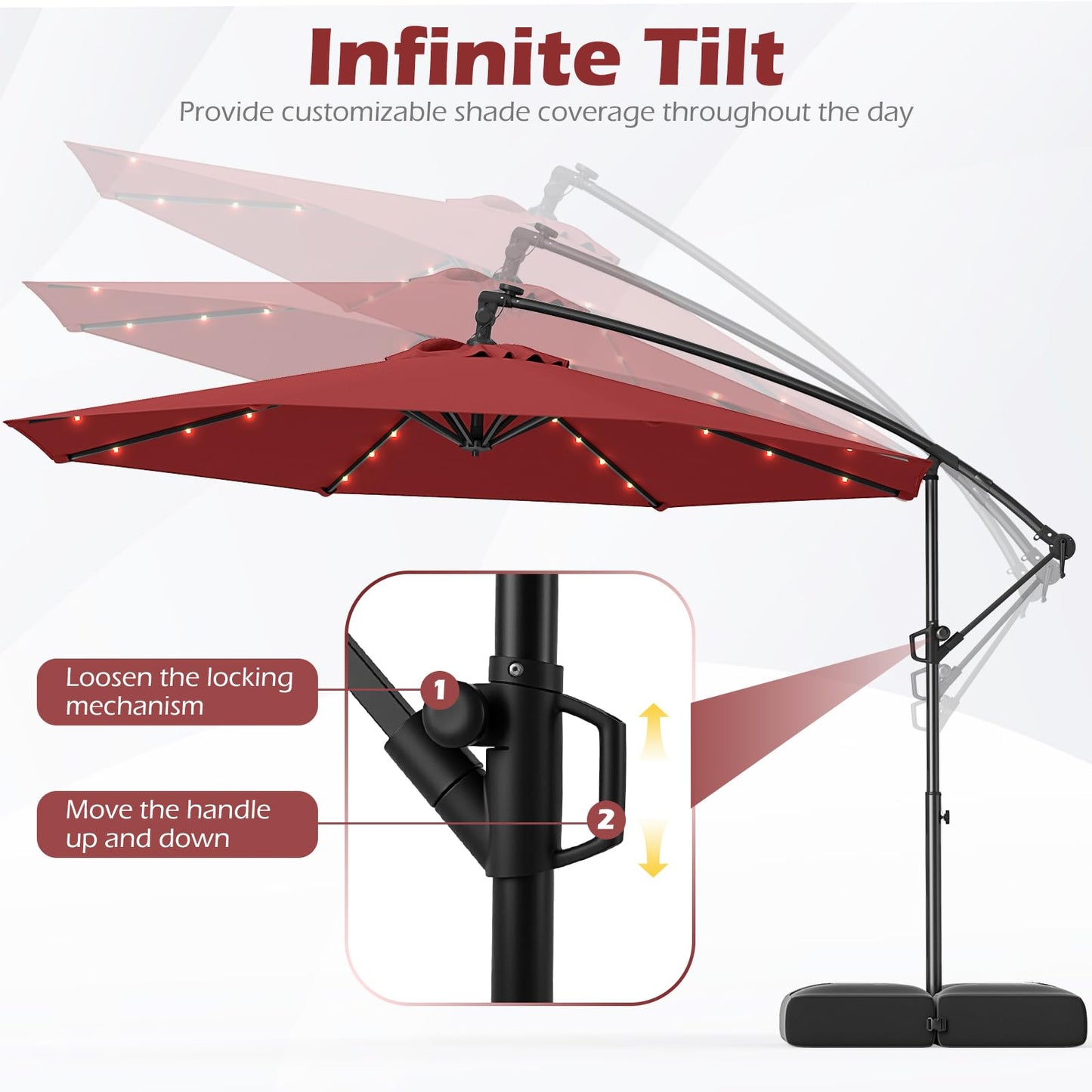Tangkula 10ft Solar Patio Umbrella with Base Included, Offset Cantilever Outdoor Umbrella with 32 LED Lights, Infinite Tilt, 360 Degree Rotation, Crank Handle for Pool Deck Garden Backyard (Wine)
