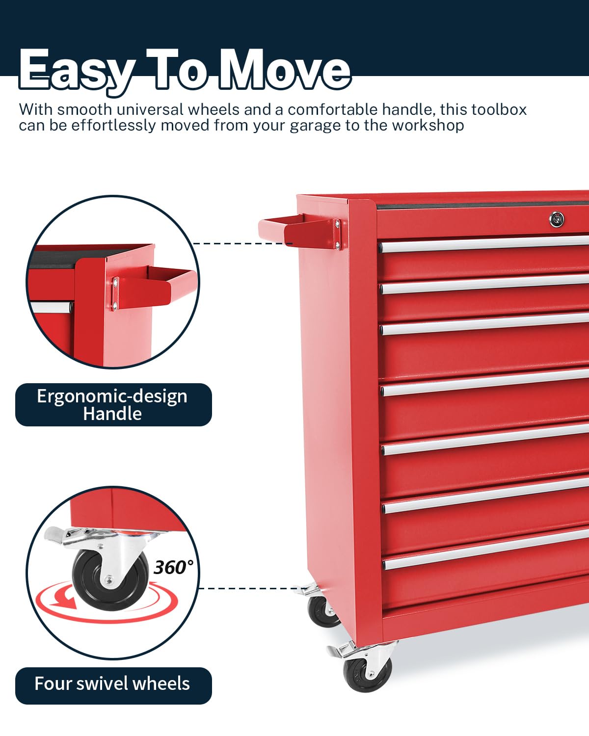 7-Drawer Rolling Tool Chest, Locking Removable Drawers Tool Cabinet with Stainless Steel Top & Brake Wheels, Heavy-Duty Garage Toolbox Cart for Home/Factory, Red