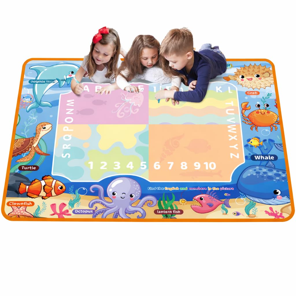 Happi Hoomin Water Doodle Mat for Kids – Mess Free Reusable Drawing & Writing Board, Neon Aqua Magic Coloring Mat, Educational Preschool Learning Toy for Toddlers Boys & Girls (Ocean)