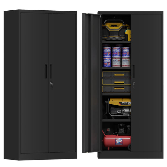 Maemttes 72" Metal Storage Cabinet with Doors and Shelves, Tall Garage Cabinets Lockable File Cabinet, Heavy-Duty Locker Cabinet Tool Cabinets for Garage, Office, Home, Kitchen (Black)