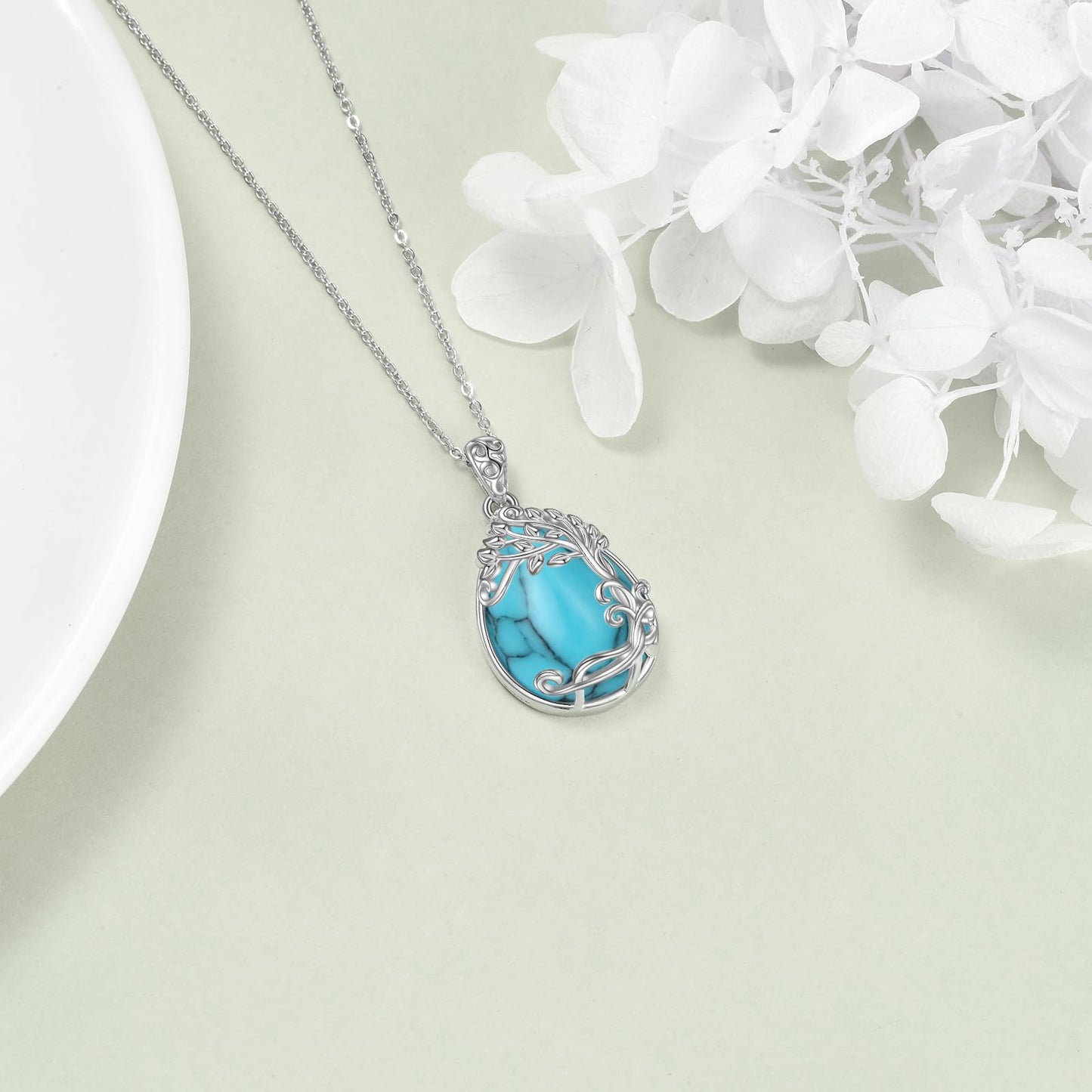 YAFEINI 925 Sterling Silver Turquoise Necklace Tree of Life Teardrop Pendant Necklace Turquoise Jewelry for Women (OO-Tree of Life Turquoise Necklace)