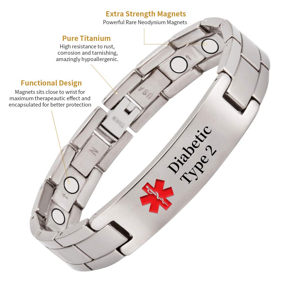 EnerMagiX Titanium Medical Alert Bracelet for Men Women, Type 2 Diabetes, High Blood Pressure, Blood Thinner, Hypoallergenic, 8.46inch Wristband
