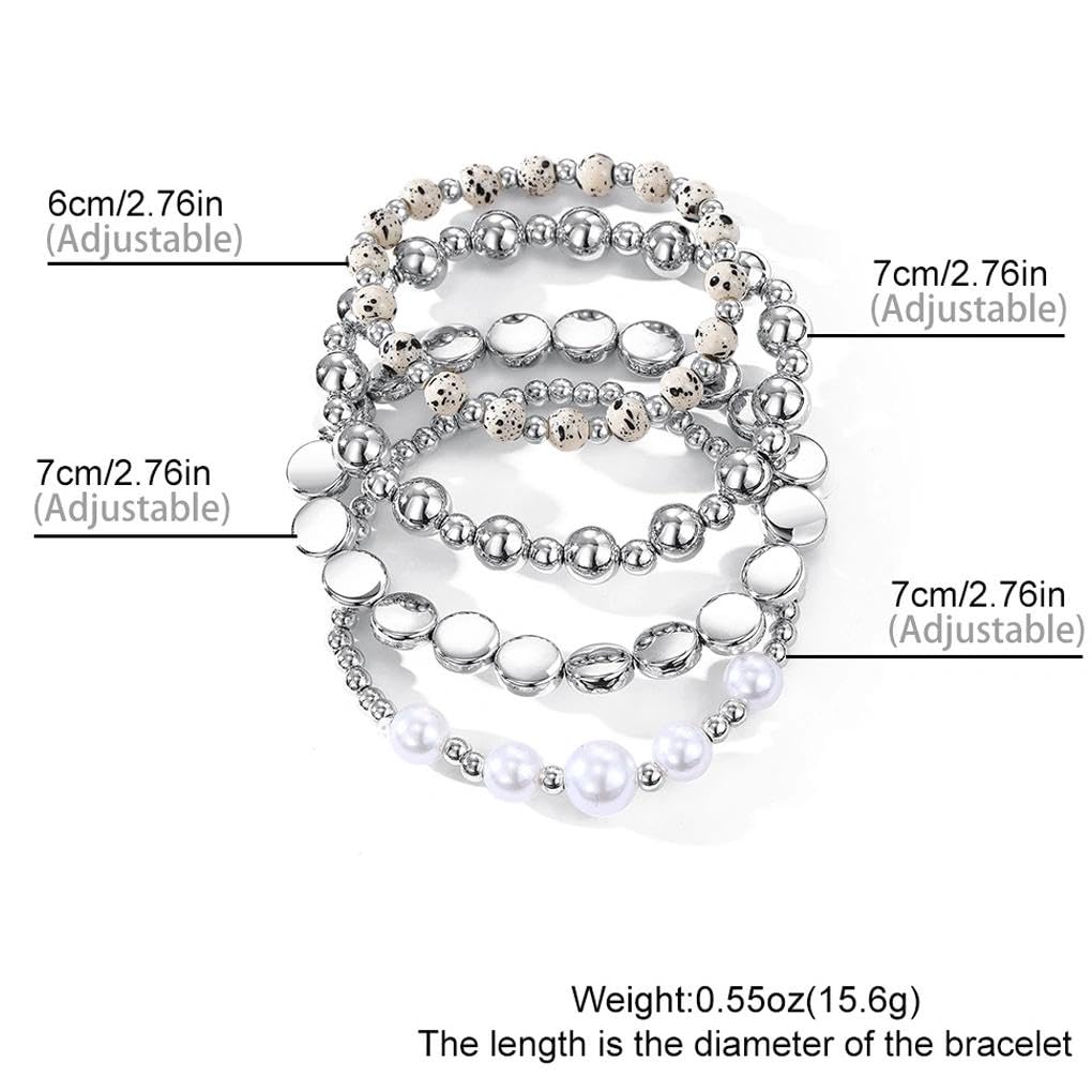 Mexegy Layered Silver Plated Pearl Beaded Stretch Bracelet for Women,Stacked Disc Coin Bead Elastic Bracelets Bohemian Party Holiday Jewelry Accessories Gift(Silver)