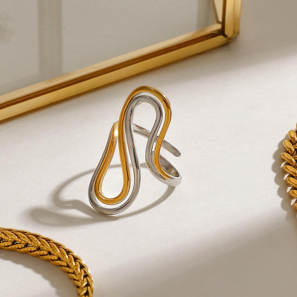 AIETUE Chunky Rings For Women, Gold Silver Thumb Ring Asymmetrical Wavy Curve Ring Adjustable Non Tarnish Dainty Stainless Steel New Year Anniversary Birthday Jewelry Gift (Unique-G&S Mixed)