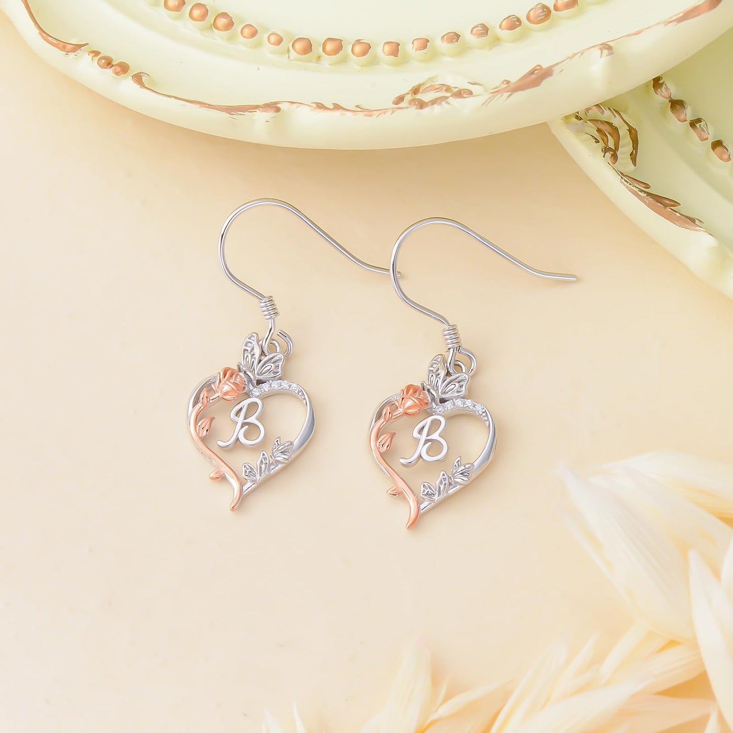 TOUPOP Rose Heart Initial Earrings Sterling Silver Butterfly Earring Initial B Letter Drop Dangle Earrings Jewelry Anniversary Birthday Mothers Day Gifts for Women Mom Wife Girlfriend Her