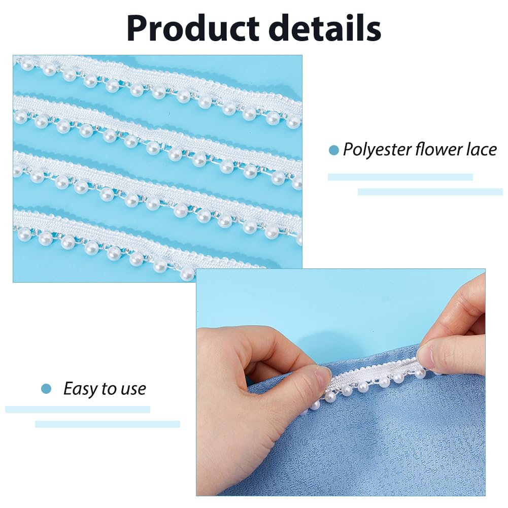 TNKBREEZE 100 Yards White Polyester Lace Trim with Attached Plastic Pearl Beads Decorative Ribbon for Adult Clothing Embellishment Dressmaking Costume Design and Special Occasion Accessories