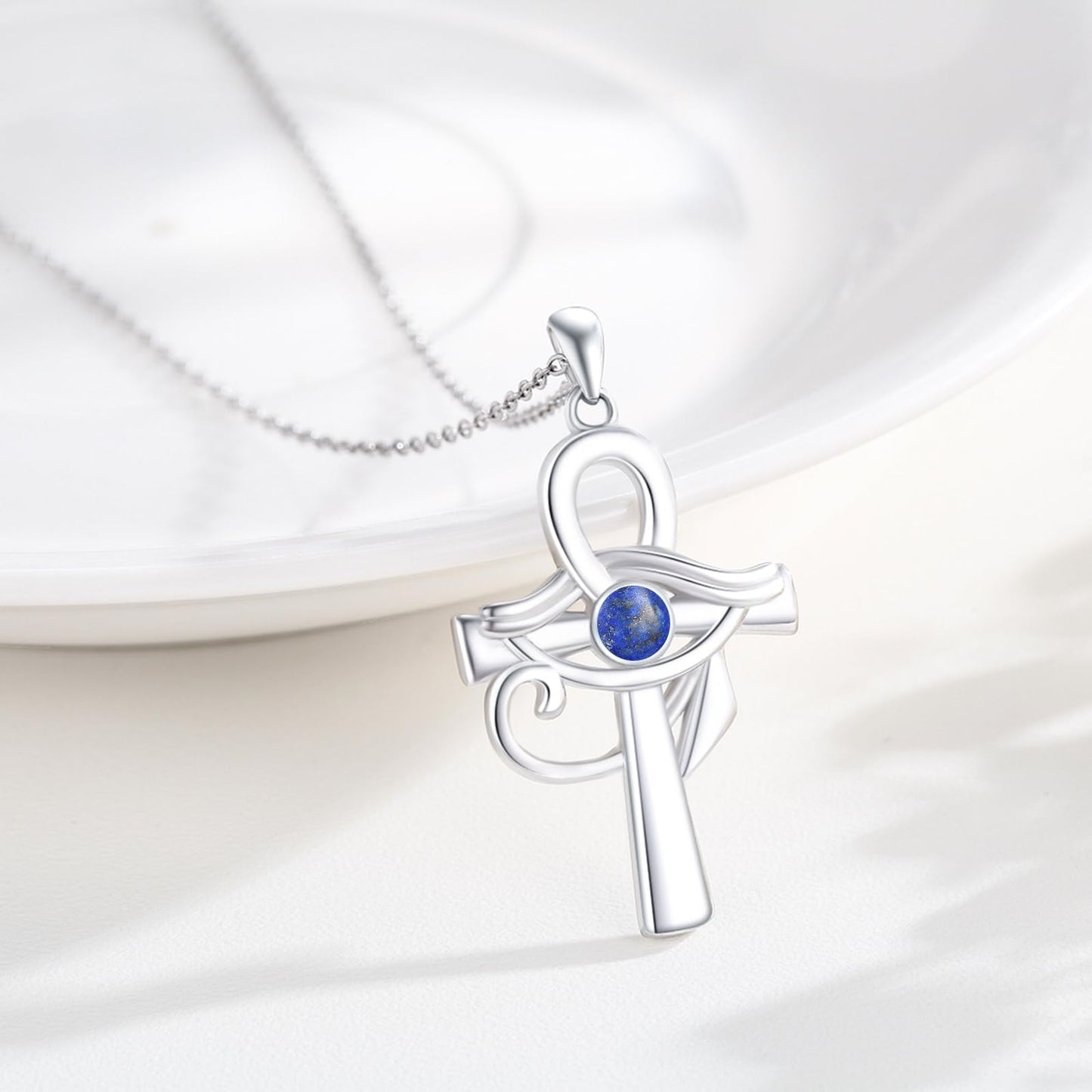 MOPOPOK Eye of Horus Necklace S925 Sterling Silver Ankh Cross Necklace with Lapis Lazuli Egyptian Eye of Horus Protection Cross Jewelry Gifts for Women Birthday Christmas