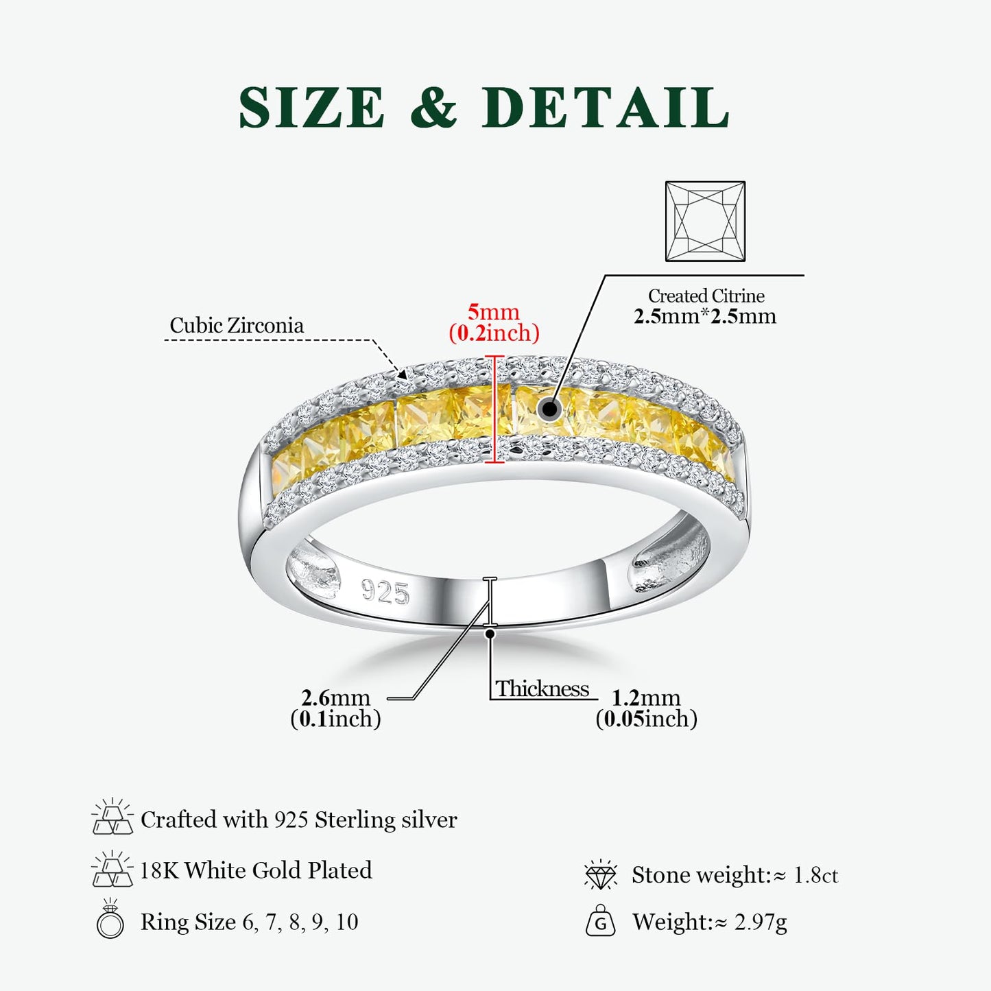 RANDES Citrine Ring 925 Sterling Silver Band Rings for Women Channel Set Princess Cut Eternity Band November Birthstone Ring Size 10