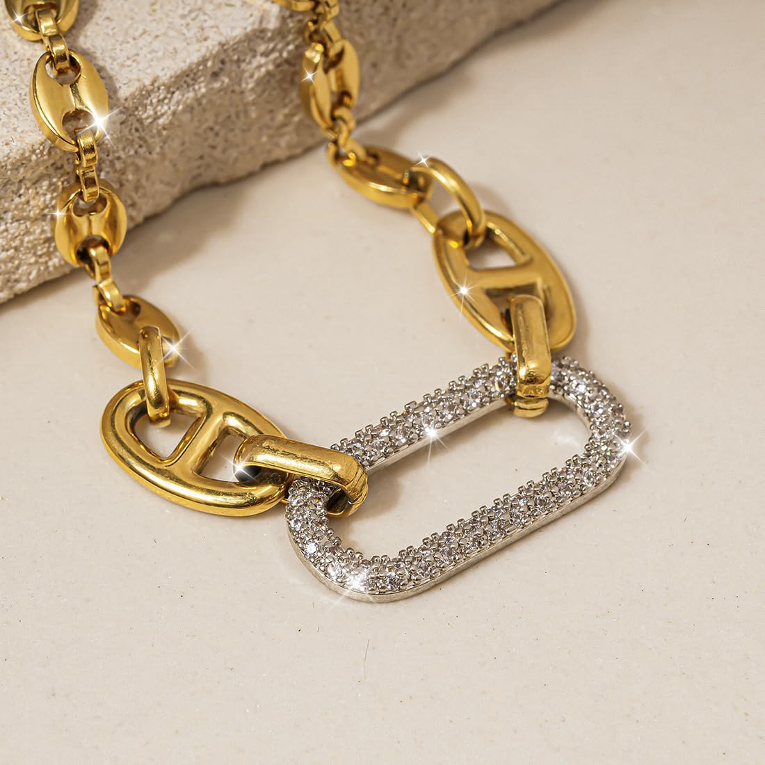 ANDKISS 18K Gold Bracelets for Women, Adjustable Waterproof Non-Tarnish Titanium Chain with Pavé AAA+ CZ Accent, Dainty Gold Plated Paperclip Bracelet Jewelry Valentine's Day Gifts