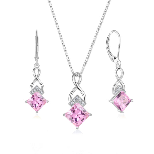 Rocayi Pink Tourmaline Jewelry Set 925 Sterling Silver Infinity Princess Cut Necklace and Earrings Set October Birthstone Jewelry for Women