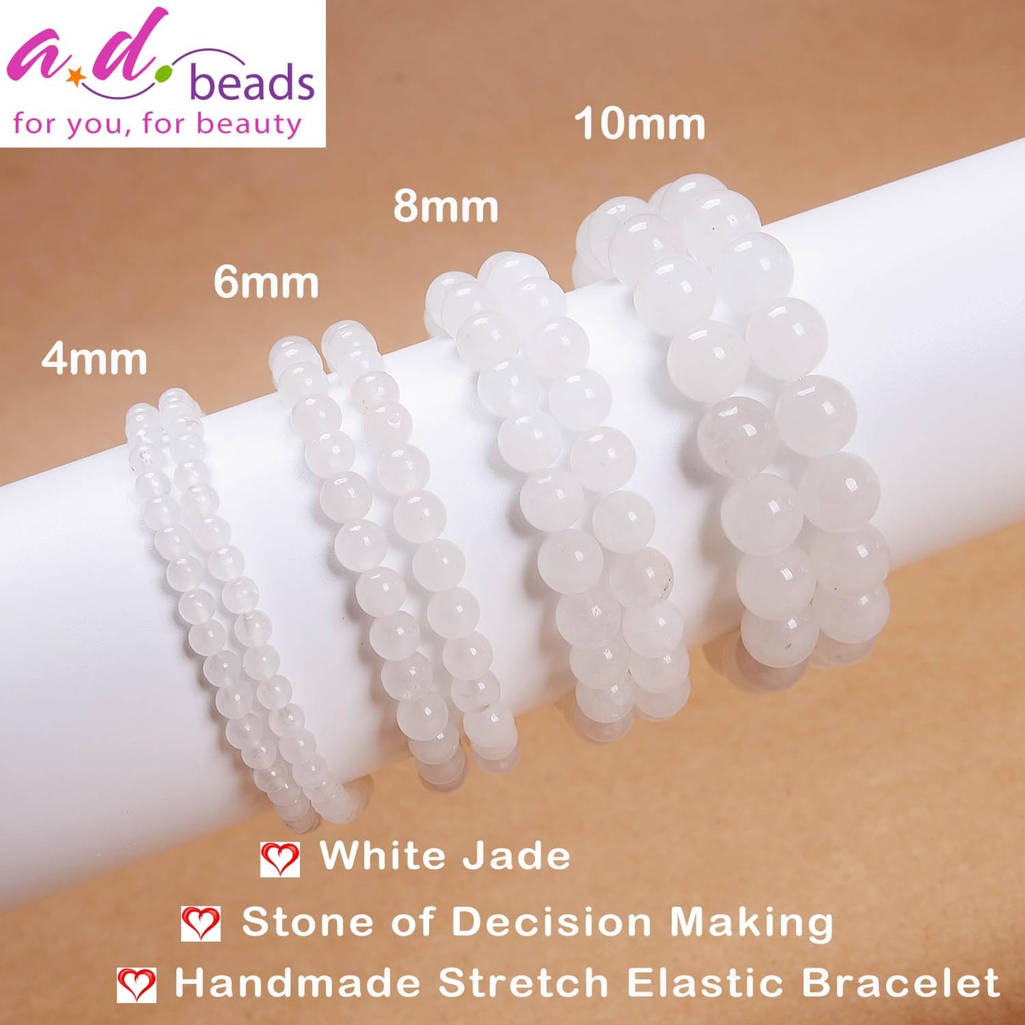 AD Beads Handmade Gemstone Stretch Elastic Bracelet Crystal Healing Reiki Nature's Beauty and Spiritual Essence Unisex (4mm, White Jade (Decision Making))