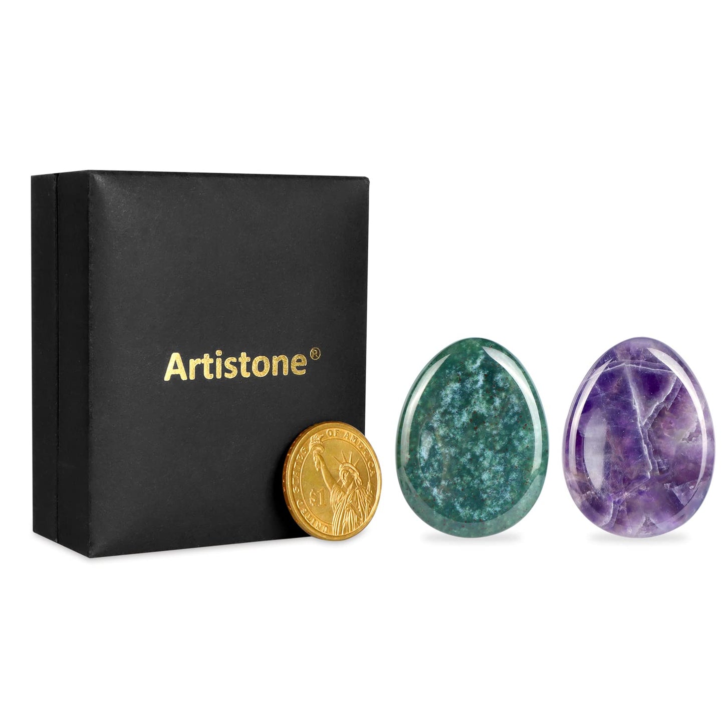 Artistone 1.5" Amethyst Moss Agate Crystal Thumb Worry Stone for Anxiety Chakra Crystals Palm Pocket Stone Healing Crystal for Stress, Meditation Reiki, Calming Stone Gifts