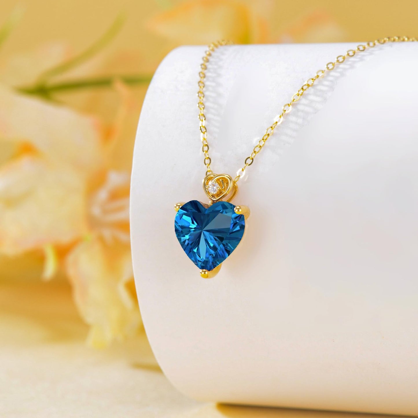 NFYBD 14k Gold Love Heart London Blue Topaz Birthstone Pendant Necklace for Women 3 Carat Heart-cut Created Gemstone Anniversary Birthday Mother's Day Necklaces for Her 16+1+1 inch