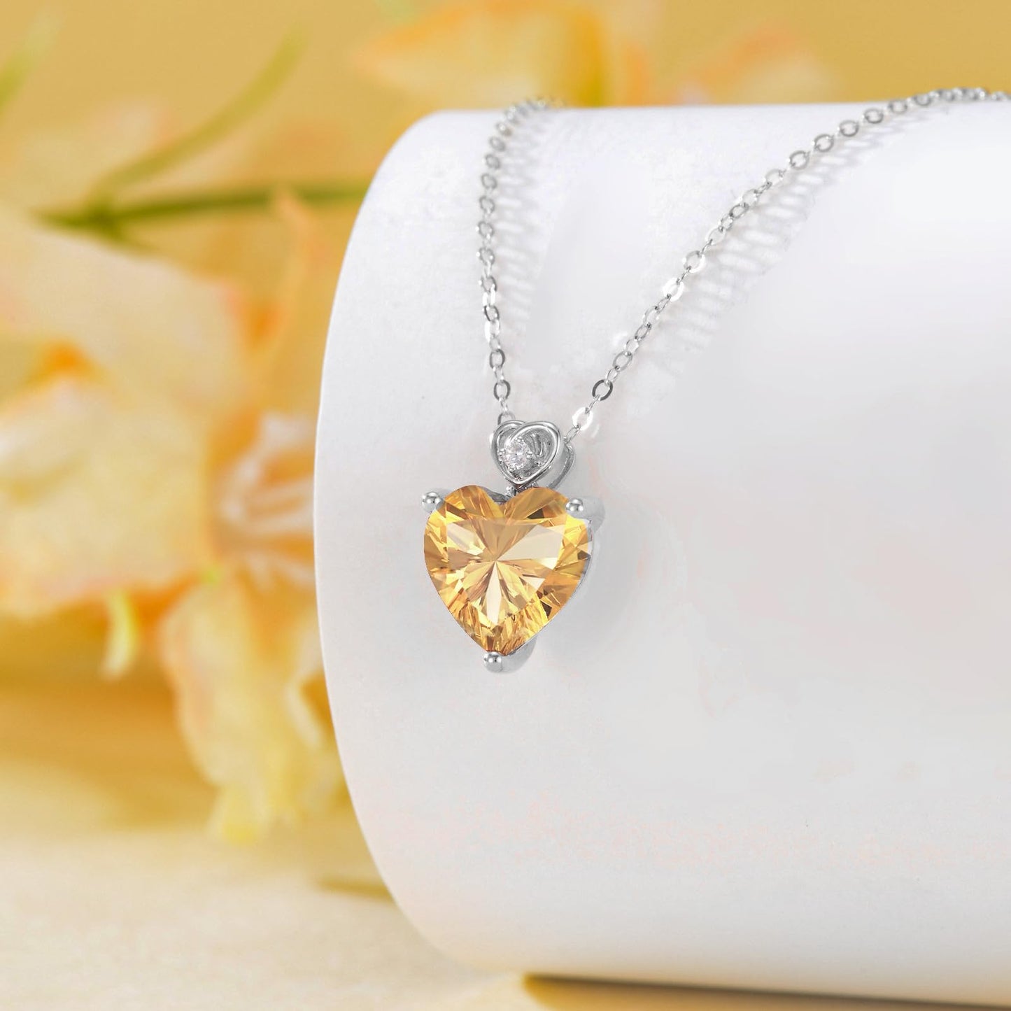 NFYBD 14k White Gold Love Heart Citrine Birthstone Pendant Necklace for Women 3 Carat Heart-cut Created Gemstone Anniversary Birthday Mother's Day Necklaces for Her-nov