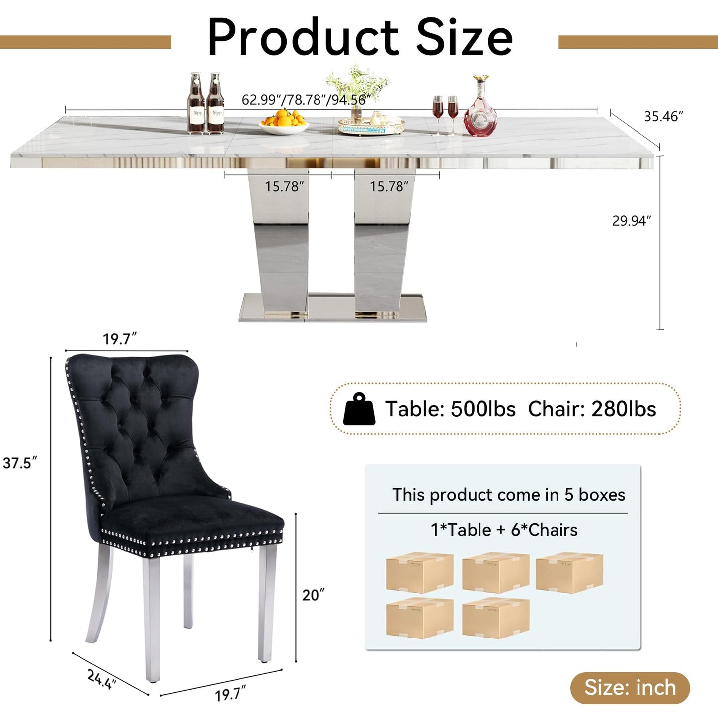 7-Piece Faux Marble Dining Table Set for 6, 63-94.5" Large Extendable Kitchen Table Set with 6 Black Tufted Chairs, Modern Expandable Dining Room Table for 6 8 10 with Mirrored Double Column Base