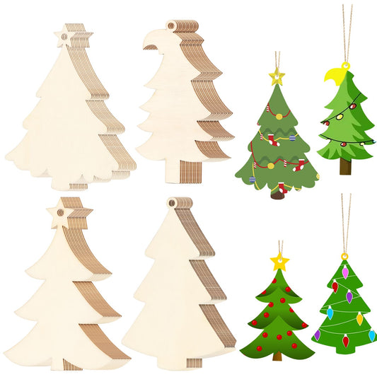 48Pcs Unfinished Paintable Blank Wooden Christmas Tree Festival Decoration Ornaments, Xmas Tree Hanging Wood Slices for DIY Art Crafts 4 Type