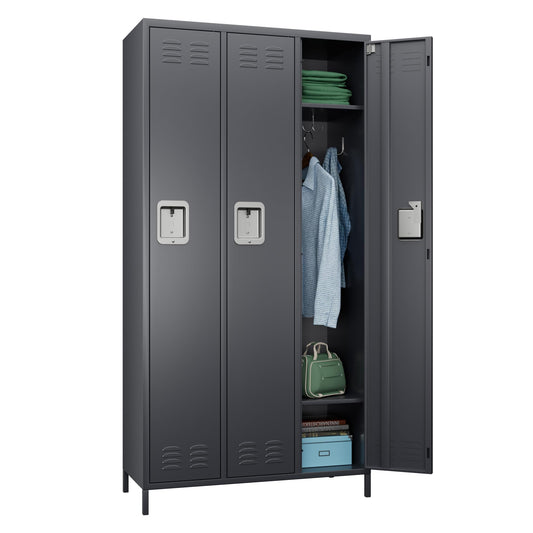 SUPEER Metal Storage Locker with 3 Doors,Metal Locker for Employees with 9 Hooks for School Garage Office Gym Home,Assembly Required,Dark Grey