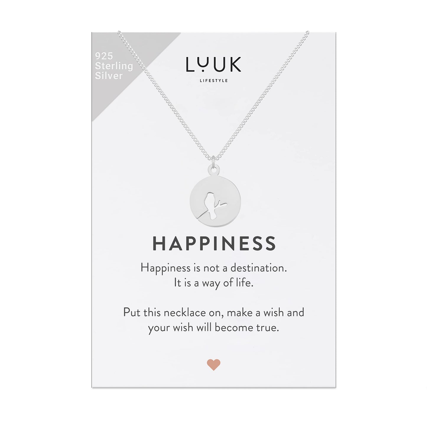 LUUK LIFESTYLE Necklace in 925 sterling silver with Bird pendant and HAPPINESS gift card, lucky charm, women's jewelry, trendy look, 19” chain length, Valentine's Day gift, jewel fashion, silver