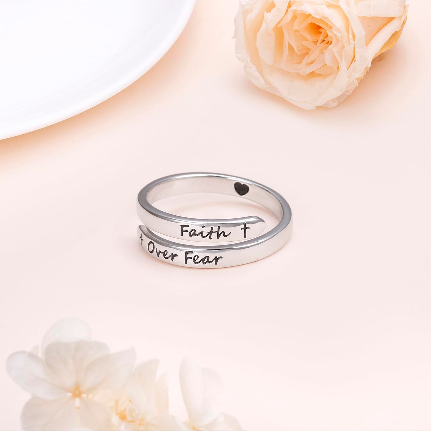 Ladytree Adjustable Inspirational Rings 925 Sterling Silver Faith Over Fear Cross Stacking Wrap Spiral Twist Statement Band Encouragement Gift Jewelry for Women Men(Faith Over Fear)