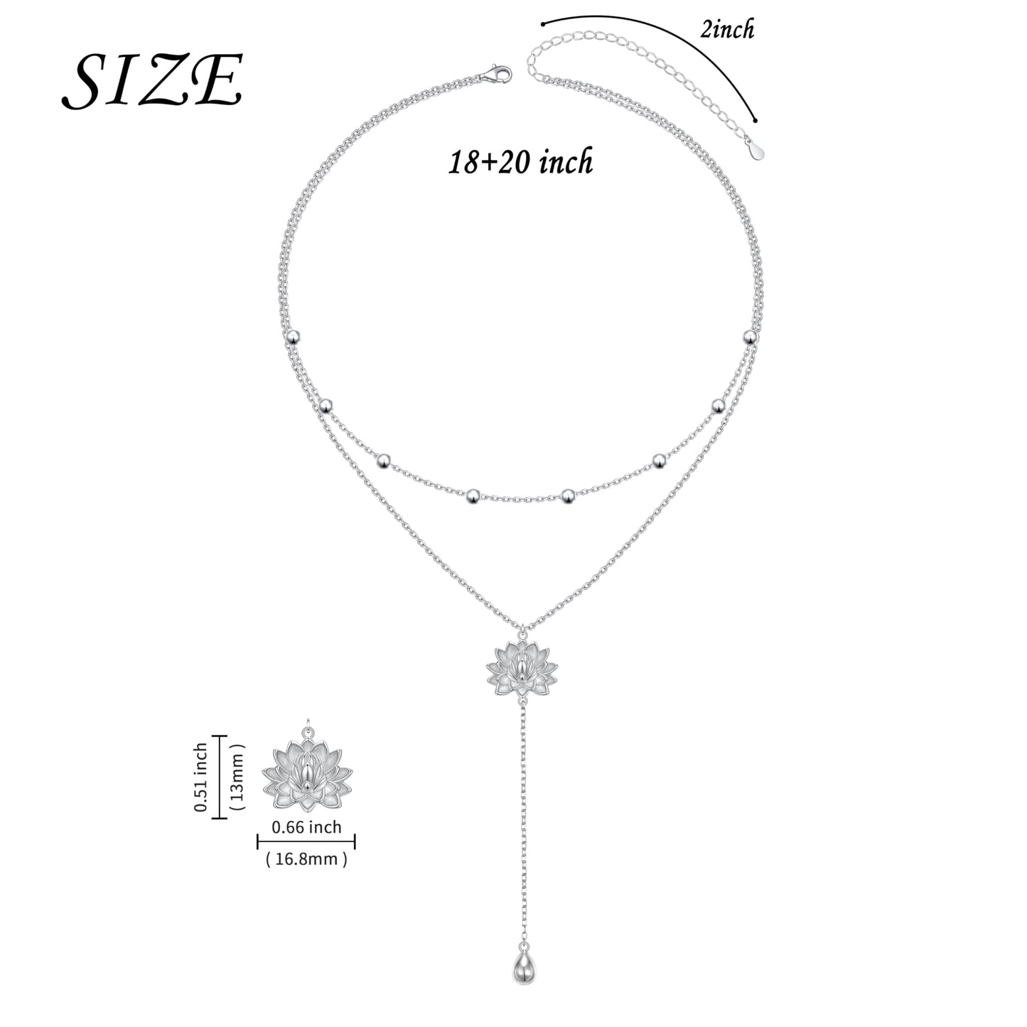 FLYOW Lotus Lariat Necklace for Women S925 Sterling Silver Yoga Flower Double Choker Y Layered Long Chain Necklace Birthday Valentine's Day Gifts for Yoga Lotus Lover Ladies Mother Wife