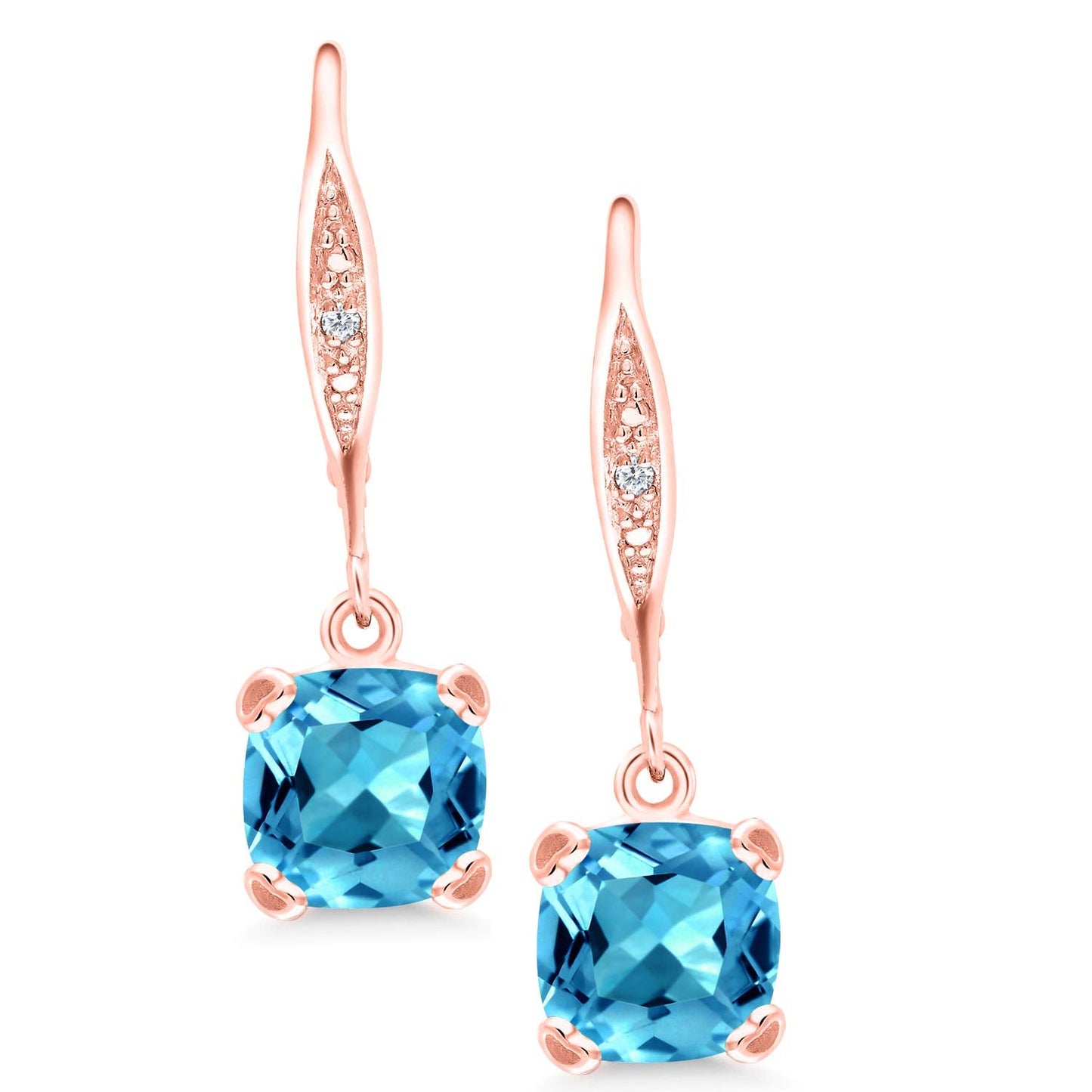 Gem Stone King Drop Dangle Earrings For Women | 7MM Cushion Cut Gemstone Birthstone and Diamond | 925 Sterling Silver | Jewelry Gift for Mom Wife Her | Swiss Blue Topaz-November | Rose Gold
