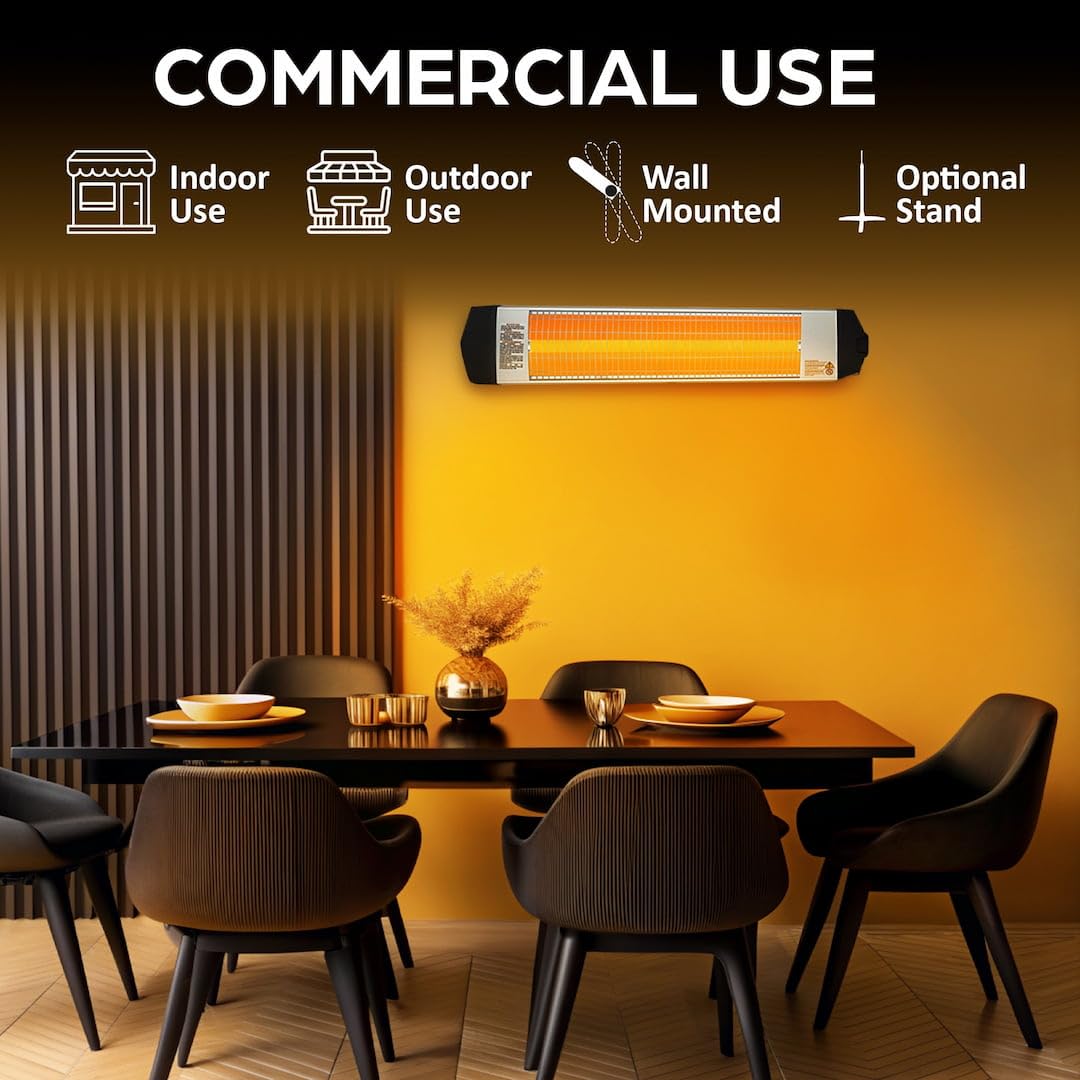 Econat 1500W Infrared Heater, Wall or Ceiling Mount, Indoor/Outdoor Electric Patio Heater, Adjustable Thermostat, Silver