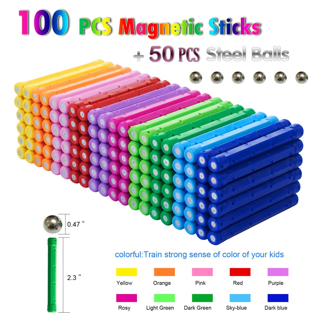 150Pcs Magnetic Building Sticks Blocks Toys, 2.3" Length Magnet Educational Toys Set for Kids and Adult, STEM Building Toy 3D Non-Magnetic Balls with Storage Bag