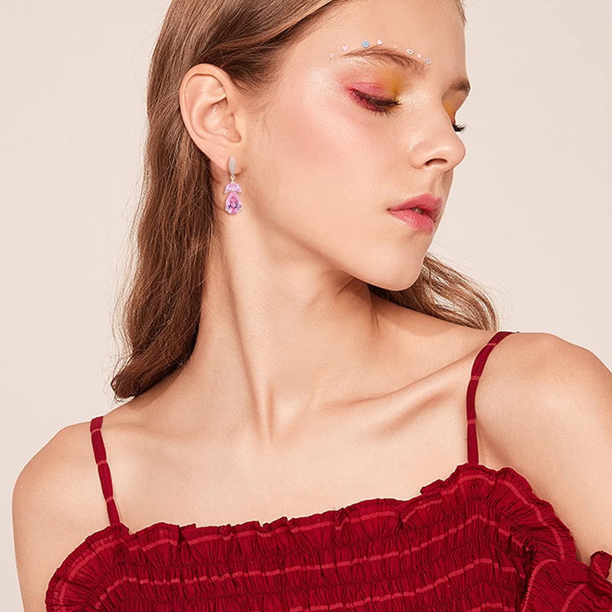 Marquise Teardrop Earrings Pink Elegant 14k Gold Plated Teardrop Cluster Floral Leaf CZ Crystal Rhinestone Wedding Earring for Bride Bridesmaids Mother of Bride Party Prom