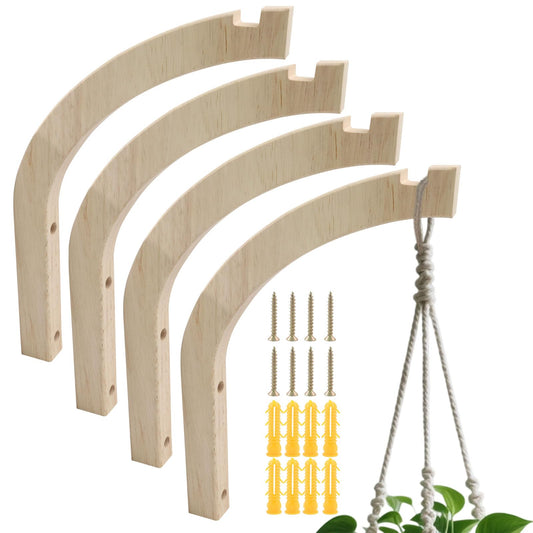 Moicstiy 4 Pcs Wooden Hanging Plant Hanger, 6.5 Inch Hanging Plant Hooks for Indoor and Outdoor, Wall Mounted Rustic Hook Brackets for Planters, Bird Feeders, Lanterns, Wind Chimes (Wood Color)