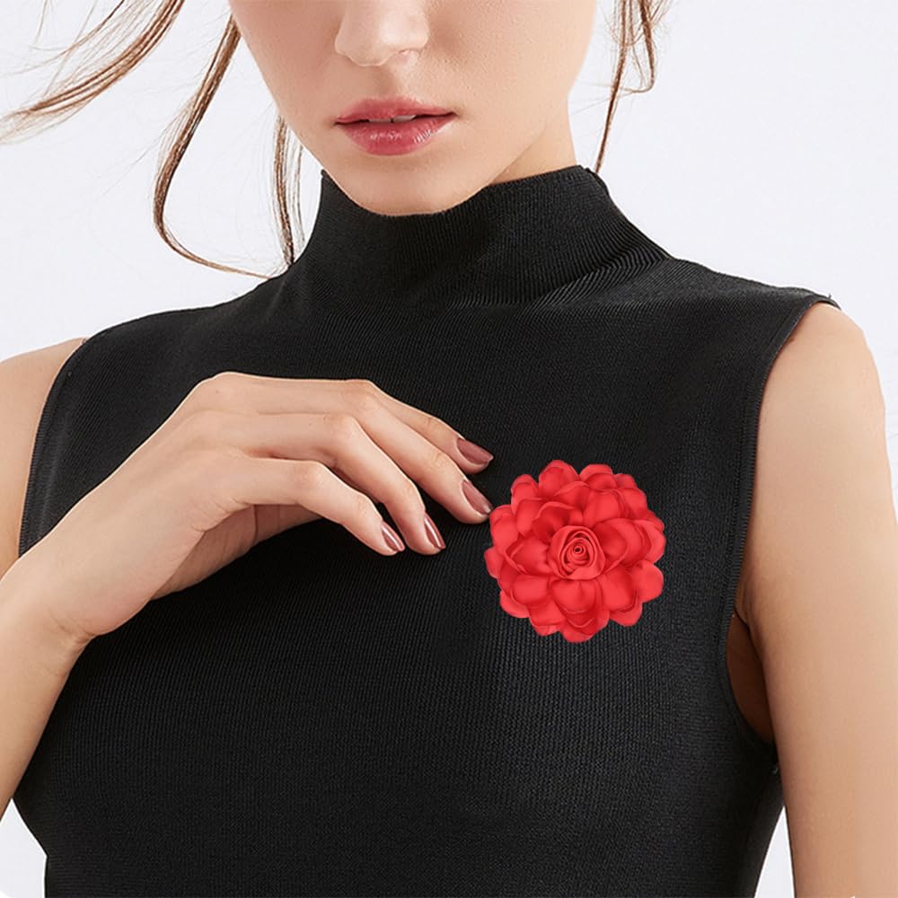 Elegant Large Cloth Flower Brooches Big Camellia Flower Pin for Women Dainty Cloth Fabric Rose Brooches Dress Skirt Scarf Hat Pins Clothing Decoration Accessories (Red A)